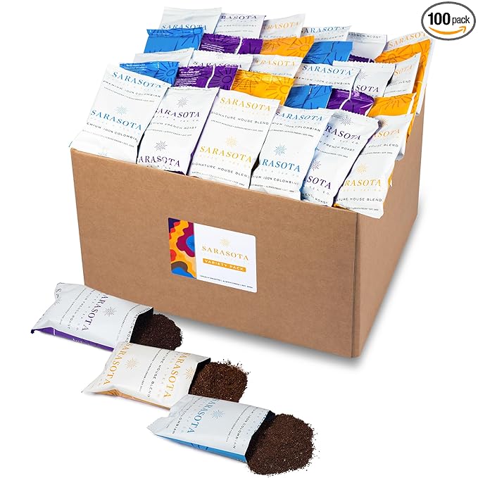 Sarasota Coffee Packs Bulk Ground Packets | Medium, Colombian, & Dark Roast Variety | Gourmet
