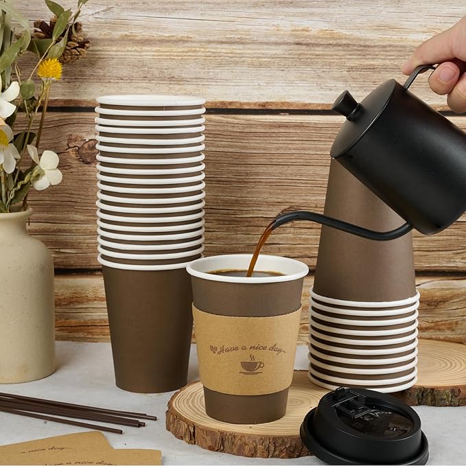 LITOPAK 100 Pack 12 oz Paper Coffee Cups with Lids, Sleeves, and Stirring Sticks for Coffee, Water