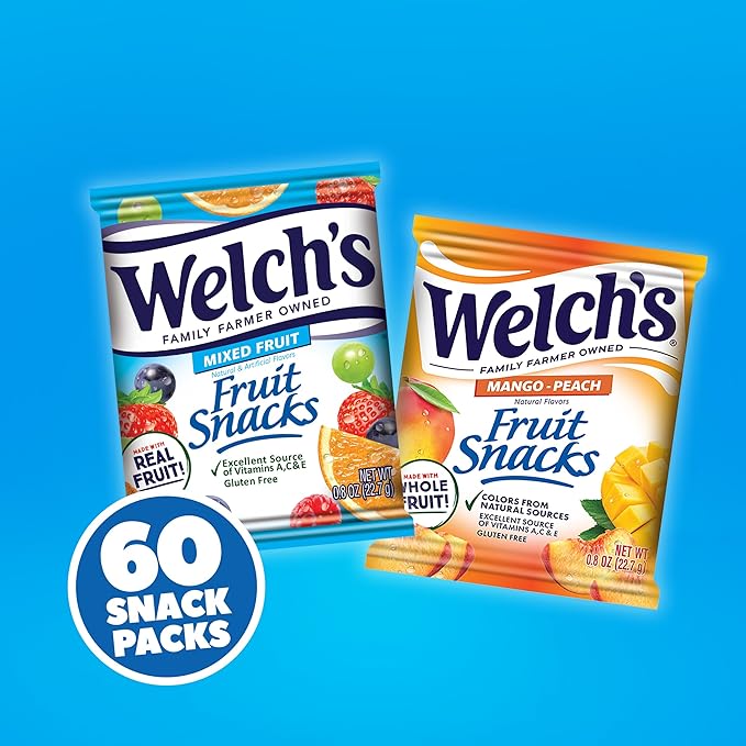 Welch's Fruit Snacks, Mixed Fruit & Mango Peach Snack Box, Gluten Free, 0.8oz Snack Packs (Pack of