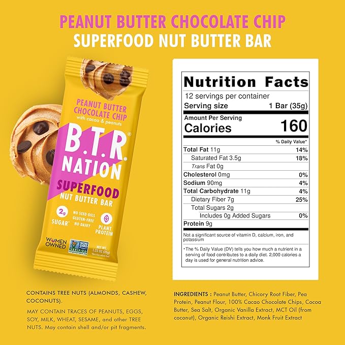 B.T.R. Nation Vegan Keto Superfood Protein Bars - Peanut Butter Chocolate Chip BLISS | (12) Bars |