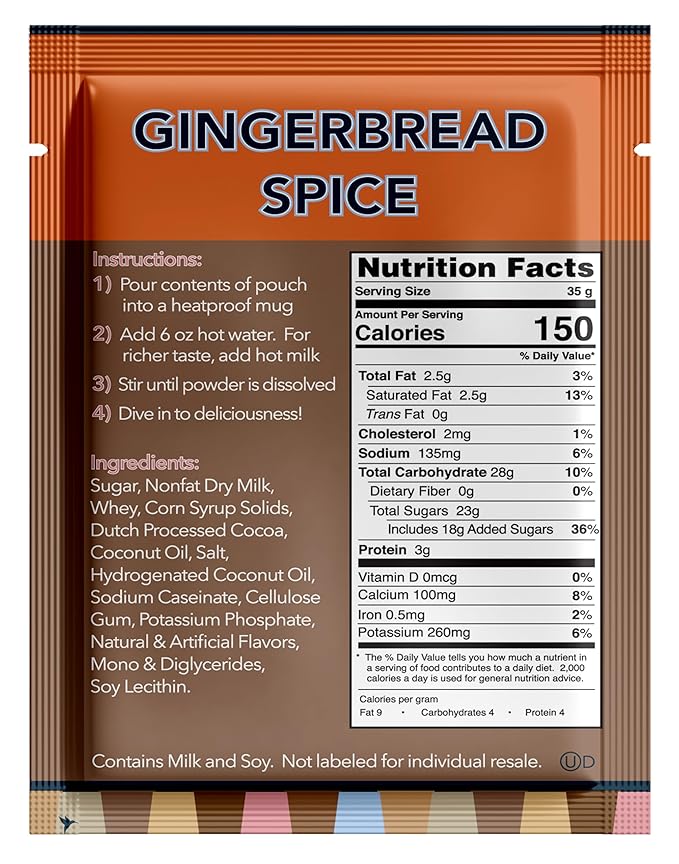 Double Donut Gingerbread Spice Hot Chocolate Mix Packets, Flavored Gingerbread Hot Cocoa Mix, 32