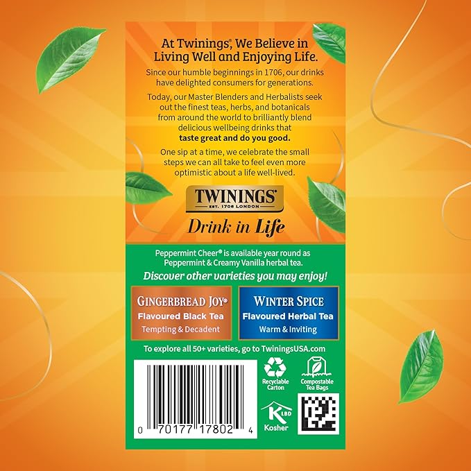 Twinings Peppermint Cheer Herbal Tea Individually Wrapped Bags, 20 Count (Pack of 6), Naturally
