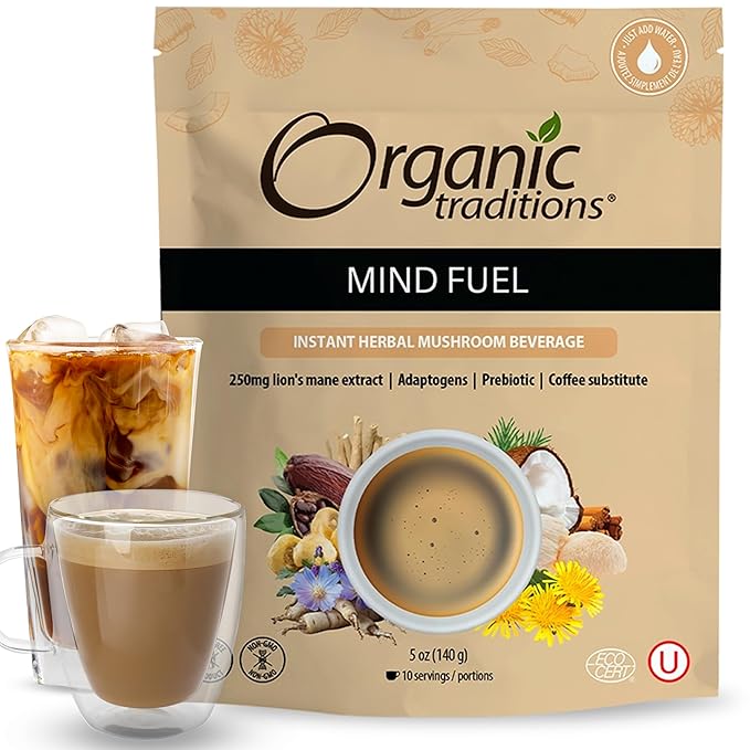 Organic Traditions Mind Fuel Instant Mushroom Coffee Alternative – Caffeine-Free Herbal Mushroom