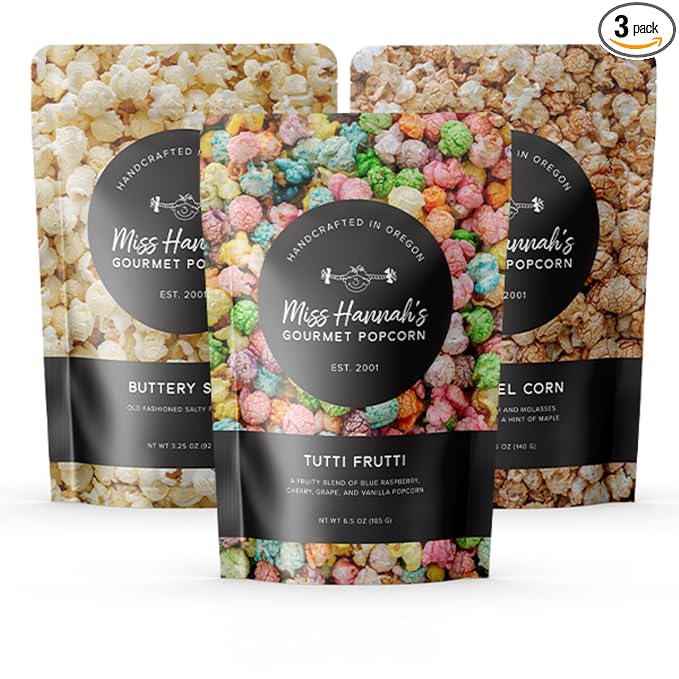 Miss Hannah's Gourmet Popcorn Fun Favorites - Tutti Frutti, Buttery Salt, & Caramel Corn - Non-GMO