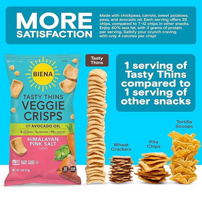 BIENA Tasty Thins Veggie Crisps - Made with Avocado Oil - Low Calorie Veggie Chips for Adults and