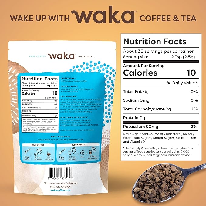 Waka Instant Coffee, Medium Roast - 100% Arabica Colombian Beans, Freeze Dried Granules, No Sugar
