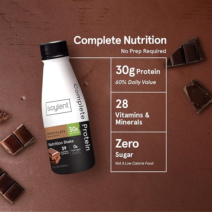 Soylent Complete Protein Shake, Chocolate, 30g Protein, Vegan, Dairy Free and 0g Sugar, Ready to