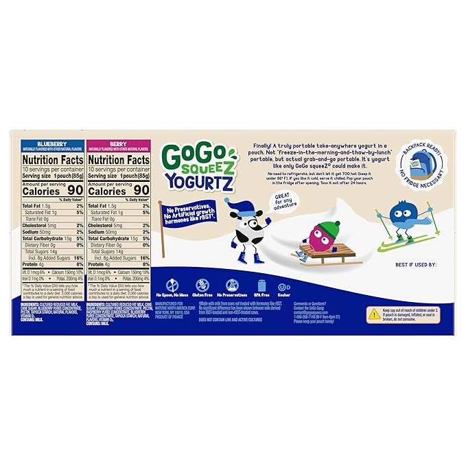 GoGo squeeZ yogurtZ Variety Pack, Blueberry & Berry, 3 oz (Pack of 20), Kids Snacks Made from Real