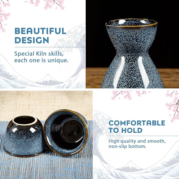 DUJUST 5 pcs Japanese Sake Set, Kiln Altered Glaze Porcelain Sake Set, 1 Bottle, 4 Cups & 1 Gift