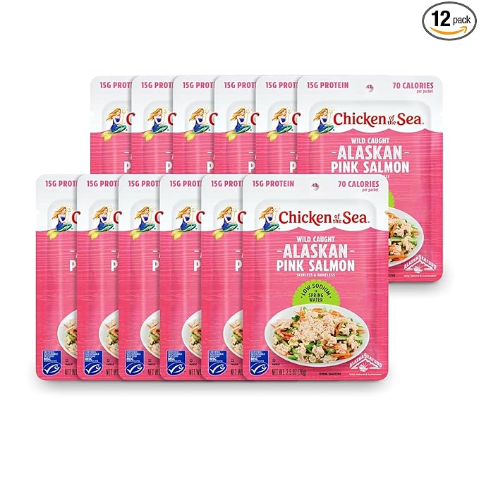 Chicken of the Sea Alaskan Pink Salmon, 2.5 oz. Packets (Box of 12), Wild Caught Salmon, Skinless &