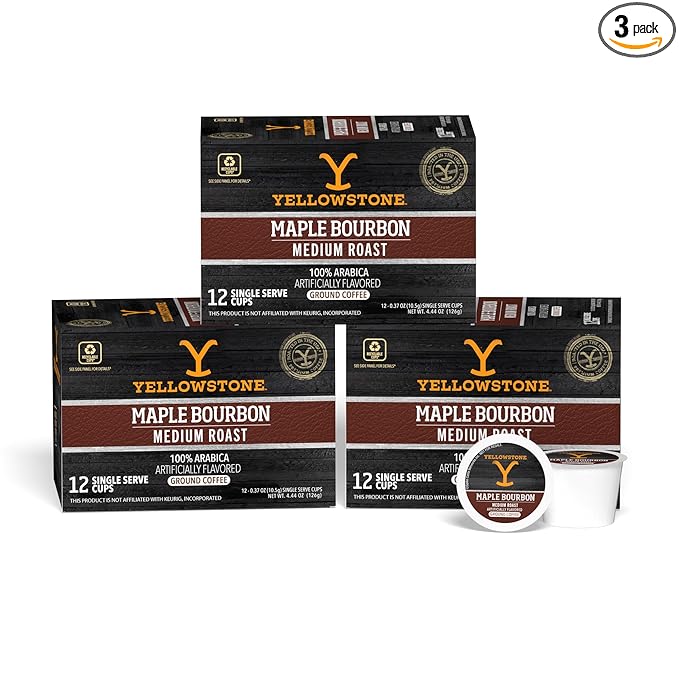 Yellowstone Maple Bourbon Medium Roast Coffee, Single Serve Recyclable Pods/Cups, 100% Arabica