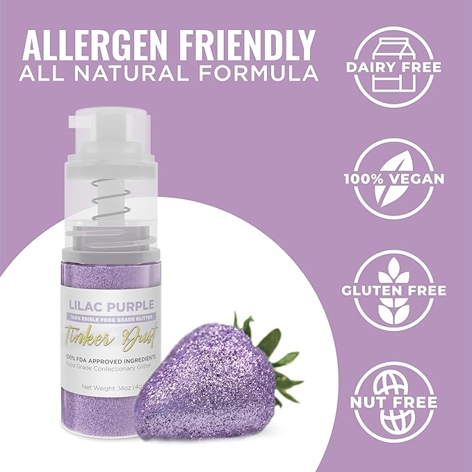 Bakell - Lilac Purple Tinker Dust (4g, 1x Mini Spray Pump) Edible Glitter for Food, Desserts, and