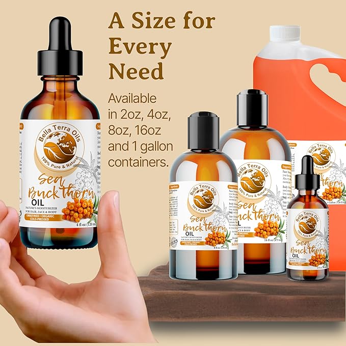 Bella Terra Oils - Organic Sea Buckthorn Oil 8oz - Cold-Pressed Treasure, Bursting with Omega-3 &