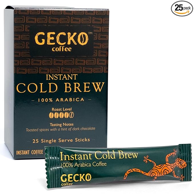 Gecko Coffee Instant Cold Brew, Craft Instant Coffee Sticks, 100% Arabica Medium-Dark Roast, Coffee