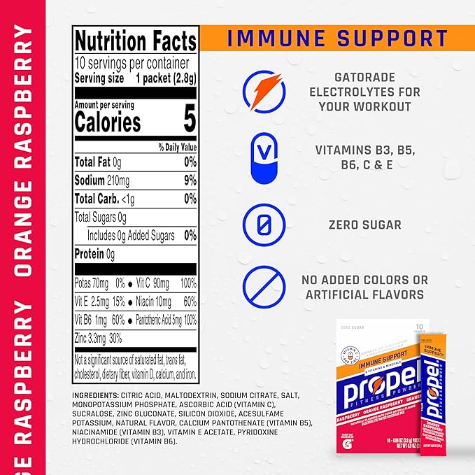 Propel Immune Support Electrolyte Enhanced Water Drink Mix Powder Packets, Orange Raspberry, 100%