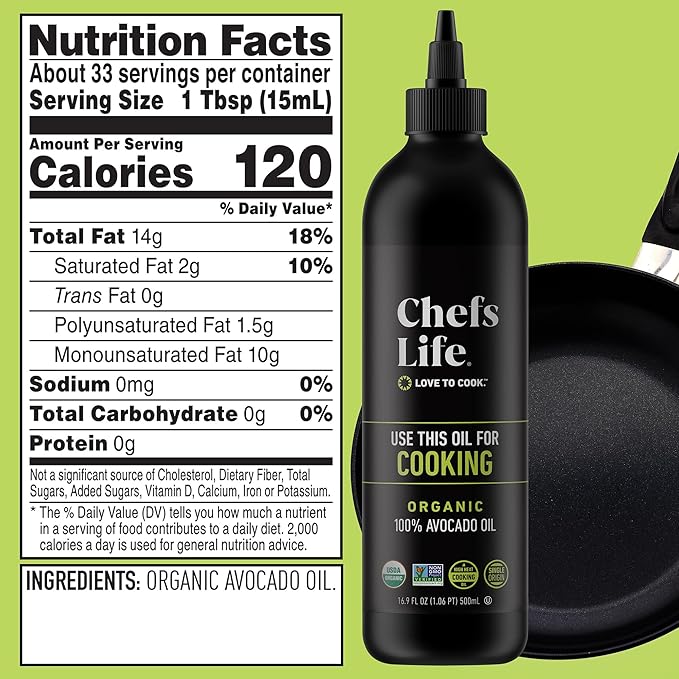 Chefs Life Organic Avocado Oil - Organic Avocado Oil For Cooking, Avocado Oil Organic for Dressing