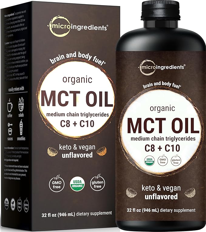MCT Oil Organic, 32 fl oz |100% Virgin Coconut with C8 + C10 Fatty Acids | Natural Fuel for Brain