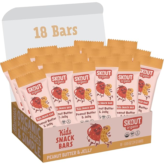 Skout Organic Peanut Butter & Jelly Real Food Bars for Kids (18 Pack) | Organic Snacks for Kids |