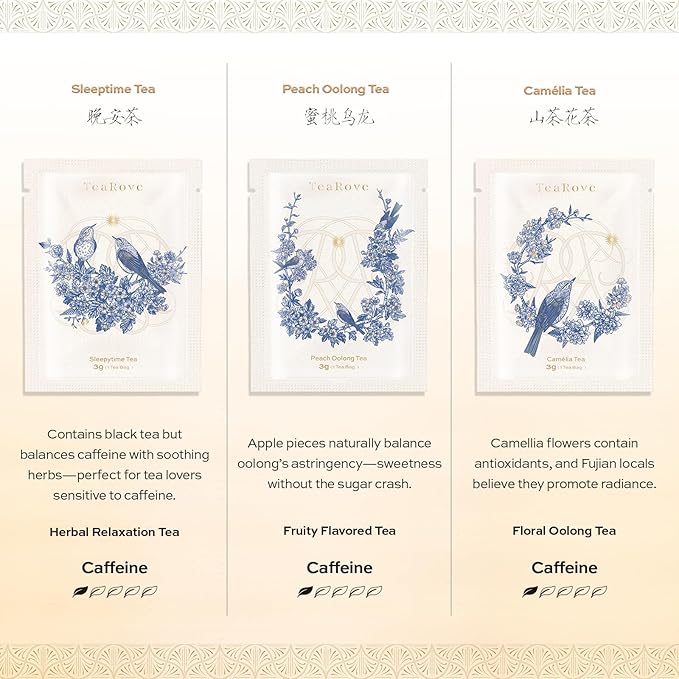 TeaRove Assorted Tea Gift Box - Toile de Jouy Bird Collection, Chinese Whole-Leaf Tea Smapler