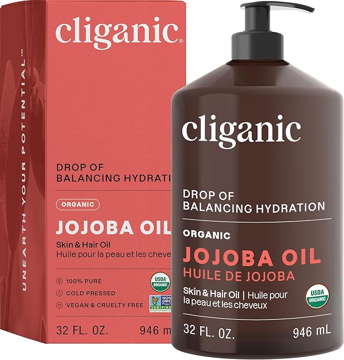 Cliganic Organic Jojoba Oil 32 oz, 100% Pure | Bulk, Natural Cold Pressed Unrefined Hexane Free Oil