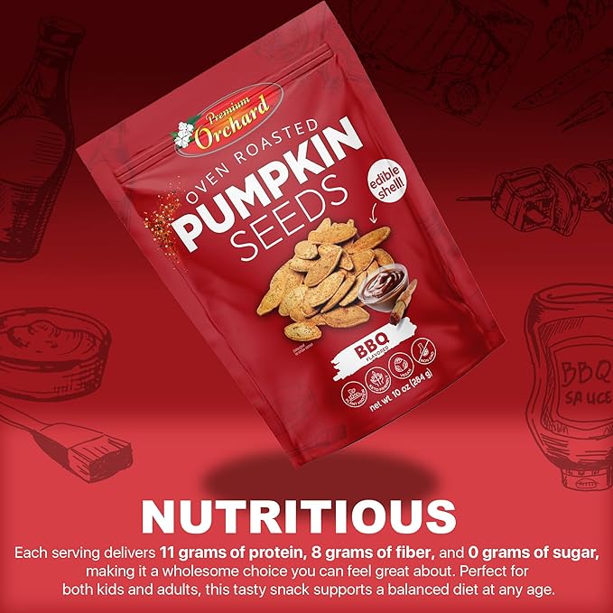 PREMIUM ORCHARD Flavored Pumpkin Seeds Oven Roasted | BBQ | High Protein Snacks for Kids and Adults