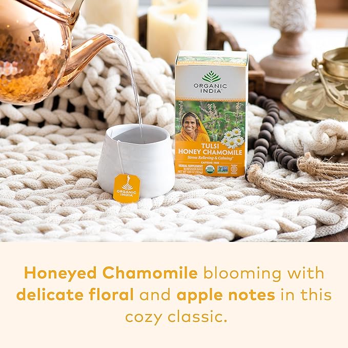 Organic India Tulsi Honey Chamomile Herbal Tea - Holy Basil, Stress Relieving & Calming, Immune