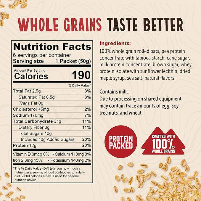 Kodiak Instant Oatmeal Packets, Maple Brown Sugar, High Protein,100% Whole Grains, 6 boxes with 6