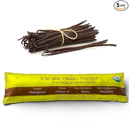 5 Organic Madagascar Vanilla Beans - Whole Extract Grade B Pods for Baking, Homemade Extract