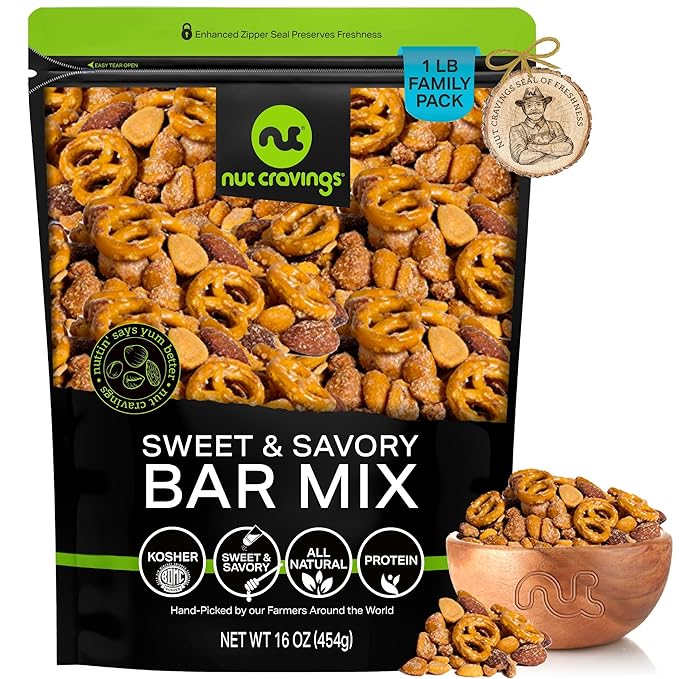NUT CRAVINGS - Party Bar Nut Mix, Sweet & Savory Pub Snack - Smoked Almonds, Pretzels, Toffee