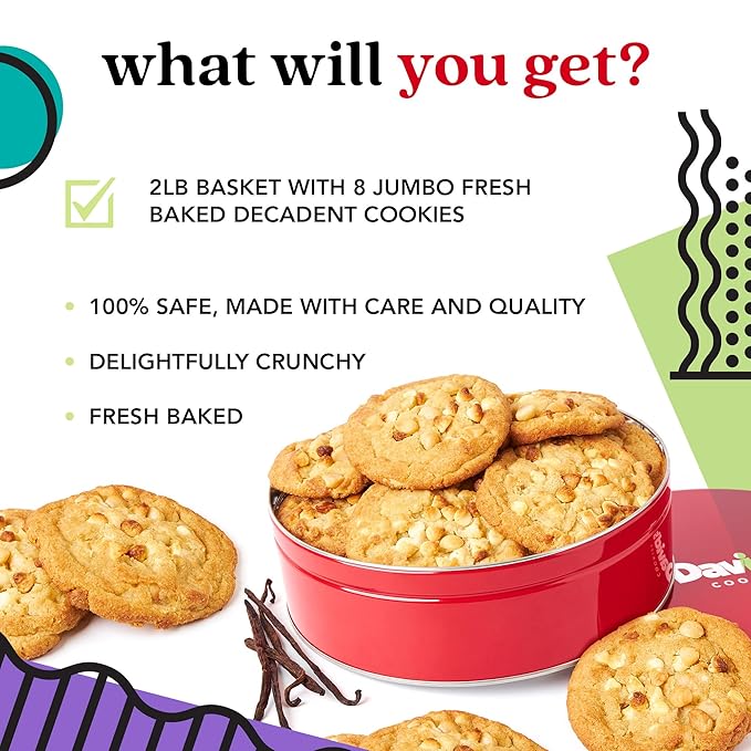David's Cookies Fresh Baked Decadent Jumbo Vanilla Chip Macadamia Nut Cookies – 2lb Gift Basket Tin