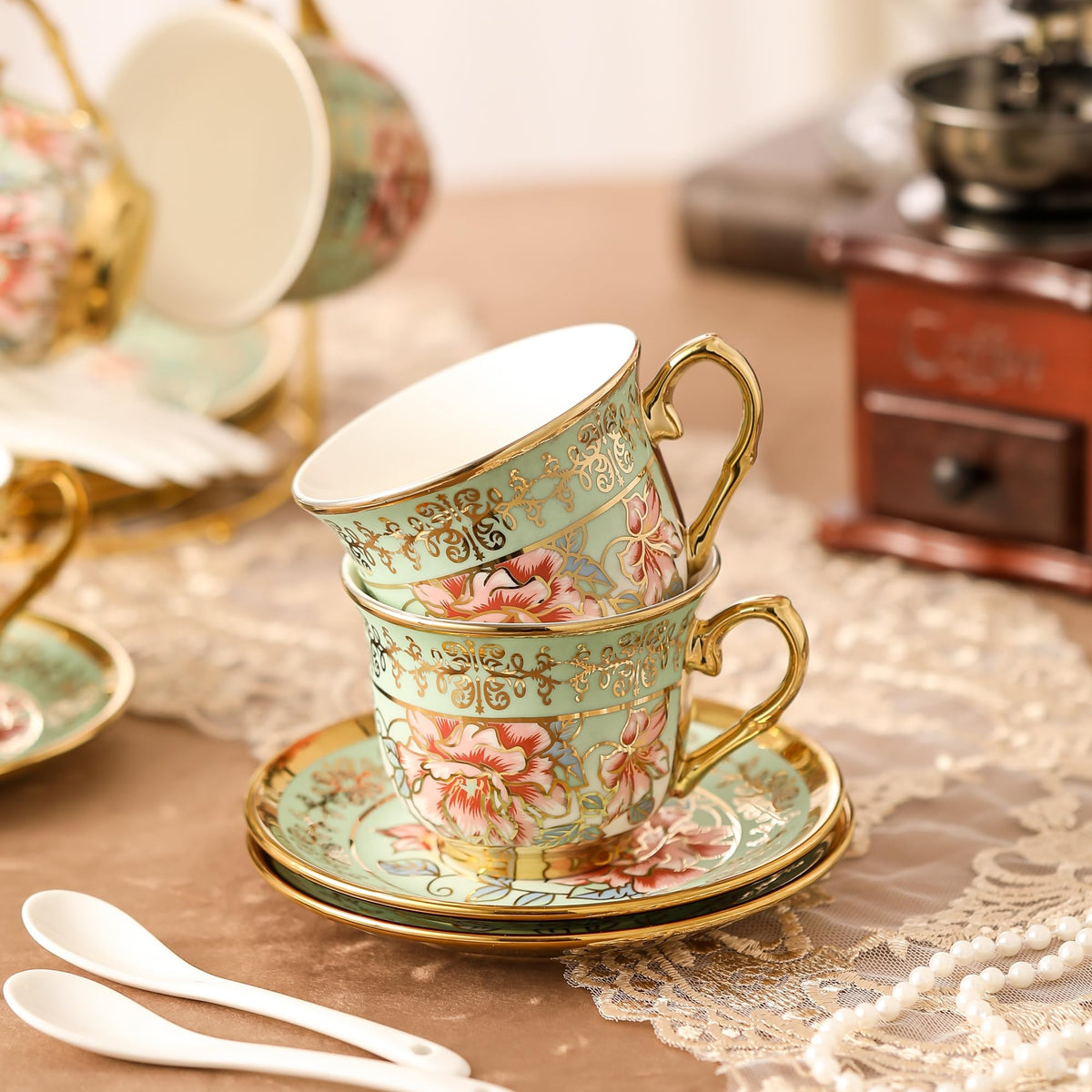 20 Pieces Porcelain Tea Set With Metal Holder, European Ceramic tea set for adults,Flower Tea