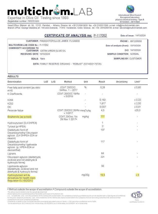 P.J. KABOS 2024/25 Harvest, Very High Phenolic (750+mg/kg), USDA Organic Greek Extra Virgin Olive