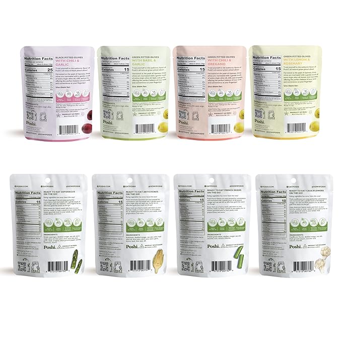 Poshi Olives + Veggies | Whole Pitted Olives 4 Flavor Variety | Poshi 4 Flavor Variety | Vegan