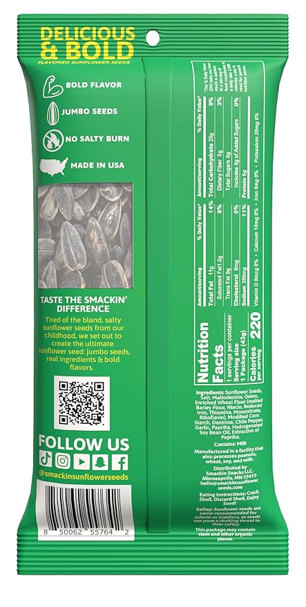 SMACKIN' Sunflower Seeds, Roasted Jumbo Small-Batch, American Made - Sour Cream & Onion, 1.5oz bags