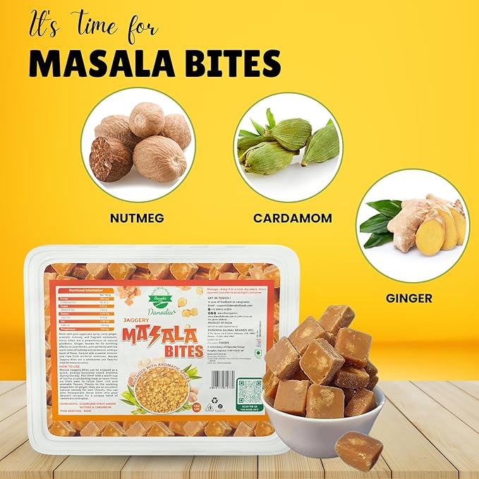 Danodia Foods Organic MASALA JAGGERY Bites/Blocks (450g/16 oz) | Ginger & Cardamom Infused | Gluten