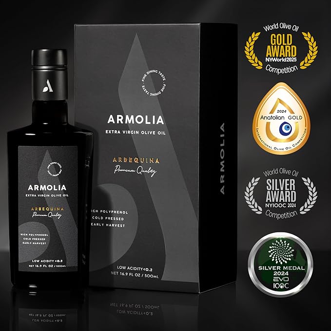 ARMOLIA Pure Olive Oil Extra Virgin Cold Pressed Glass Bottle, EVOO 2025 Gold Award Winner Drinking