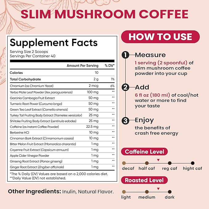 Venture Pal Slim Mushroom Coffee for Weight Loss, Instant Coffee with Berberine, Cinnamon, Yerba