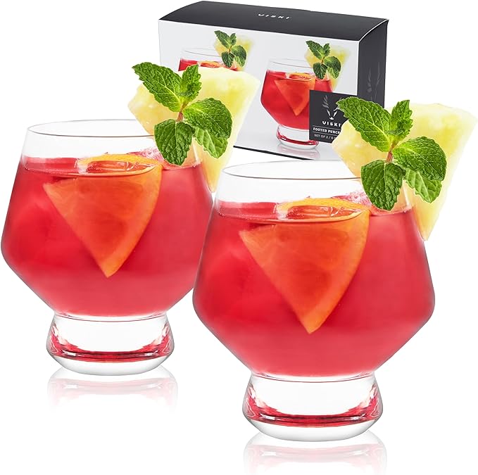Viski Raye Footed Crystal Punch Cups Set of 2 - Premium Crystal Clear Glass, Stemless Heavy Base