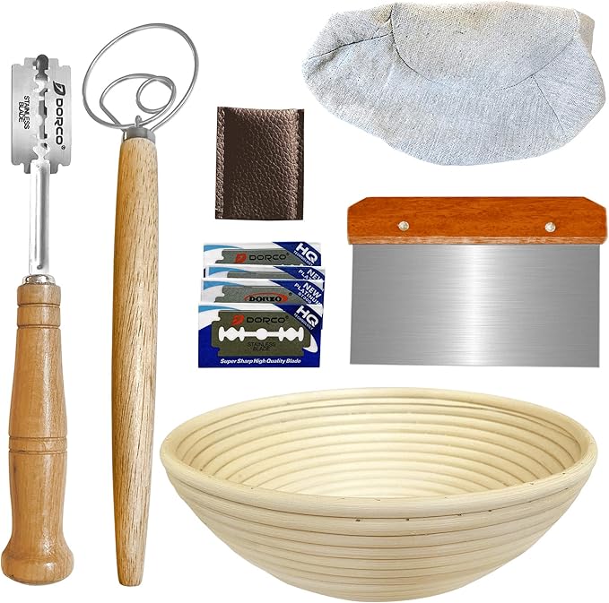 10inch Round Banneton Proofing Basket Set Bread Baking Kit, Dough Scraper, Bread Lame, Danish Dough