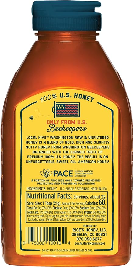 Local Hive Washington Raw Unfiltered Honey – 16 oz, 100% Pure US Honey, Sourced from American Bees
