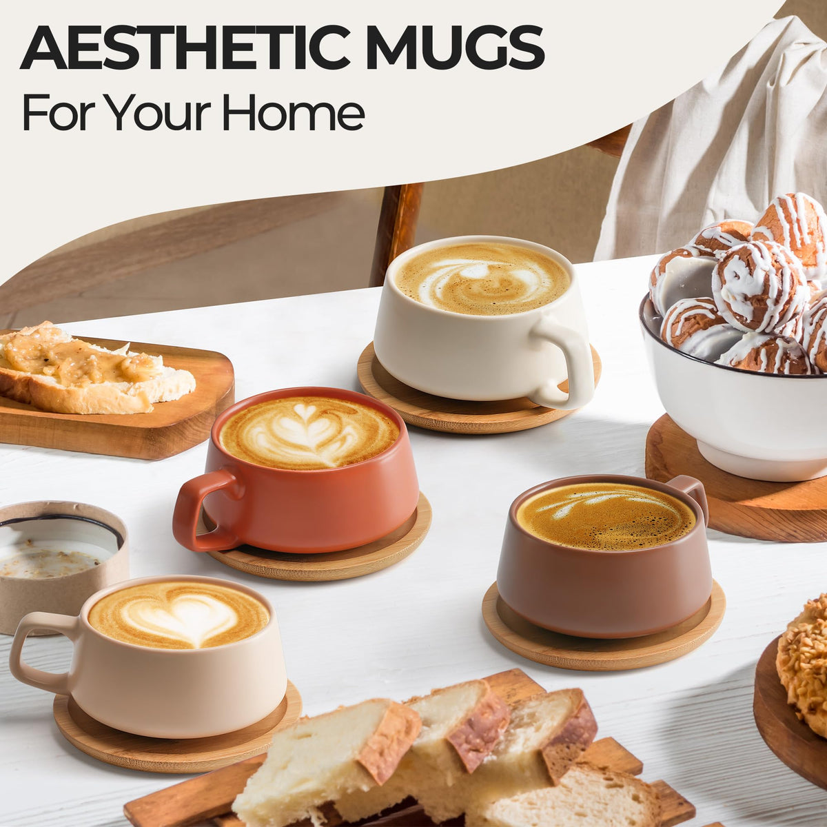 MIAMIO - Cappuccino Cup Set of 4, Ceramic (9.5oz) - Luxe (Beige Pastel)