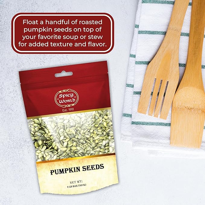 Raw Pumpkin Seeds 2 LB Bag - Shelled, AAA Grade, Unsalted, Dry, Vegan, Bulk Bag by Spicy World