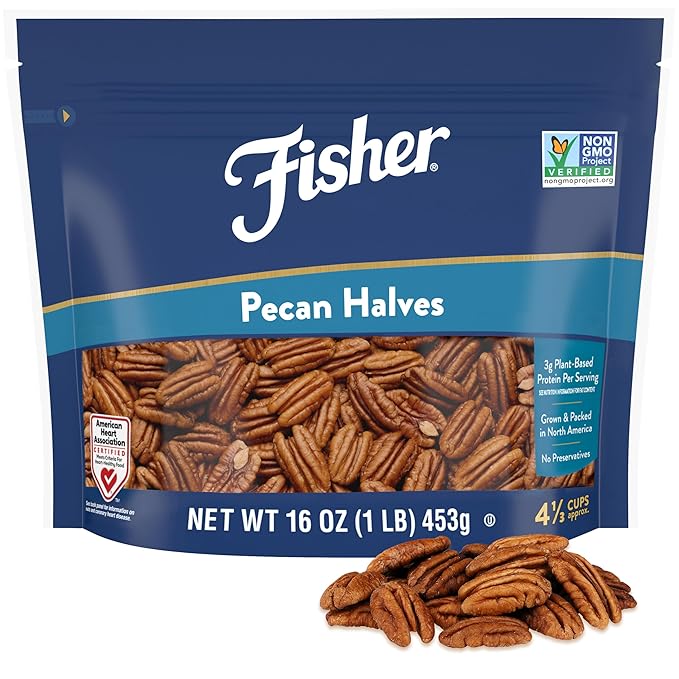 Fisher Chef's Naturals Pecan Halves 1 Lb Resealable Bag, Unsalted Raw Nuts for Cooking, Baking &