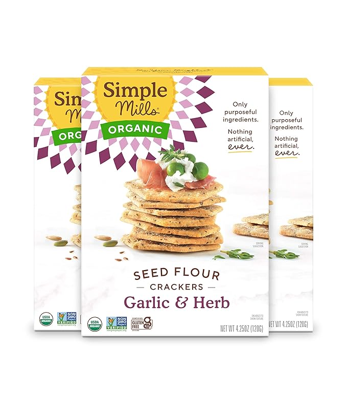 Simple Mills Organic Seed Crackers, Garlic & Herb - Gluten Free, Vegan, Healthy Snacks, Paleo