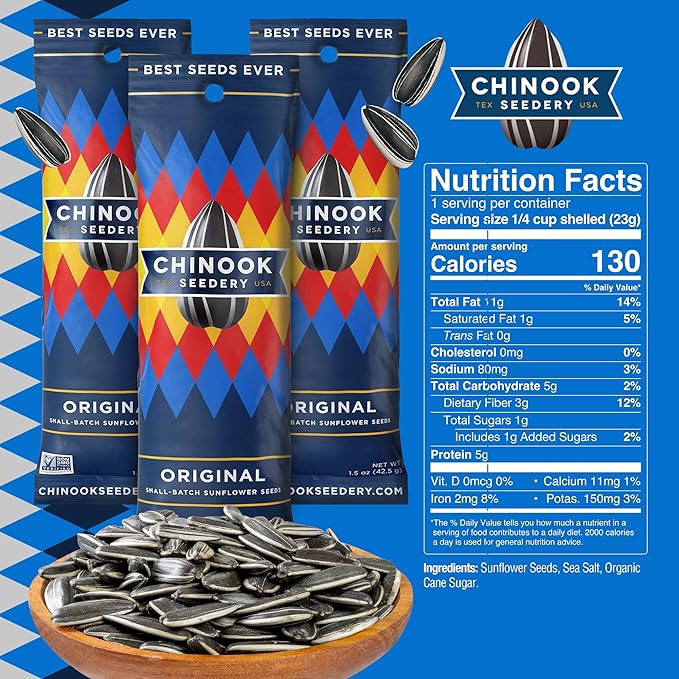 Chinook Seedery Roasted Sunflower Seeds to Eat - 1.5 oz (Pack of 36) Original - Jumbo Low Sodium