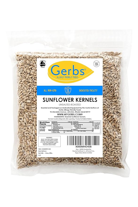 Unsalted Sunflower Seed Kernels by Gerbs – 2 LBS - Top 11 Food Allergen Free & Non GMO - Premium