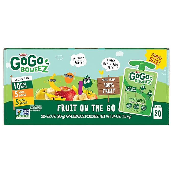 GoGo squeeZ Applesauce and Fruit Puree Variety Pack, Apple, Mango & Banana, 3.2 oz (Pack of 20)