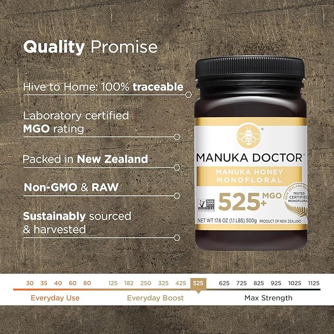MANUKA DOCTOR - MGO 525+ Manuka Honey Monofloral (1.1 lbs) 100% Pure New Zealand Honey. Certified.