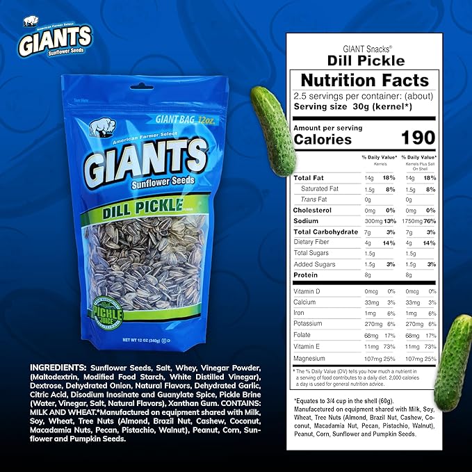 GIANTS Dill Pickle Sunflower Seeds - Sunflower Seeds Bulk, Big Sunflower Seeds to Eat, Roasted &