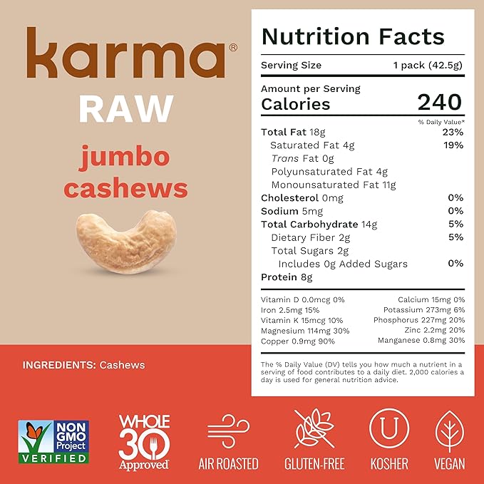 Raw Jumbo Cashews by Karma Nuts, Whole, Vegan, Gluten Free, Low Net Carb, Natural, No Sugar Added